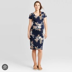 Isabel Maternity by Ingrid & Isabel Navy Blue Floral Midi Dress Size Small